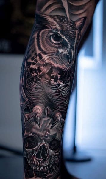 Black & Grey + Realism owl tattoo on Calf by oldtown_ink on TattMe
