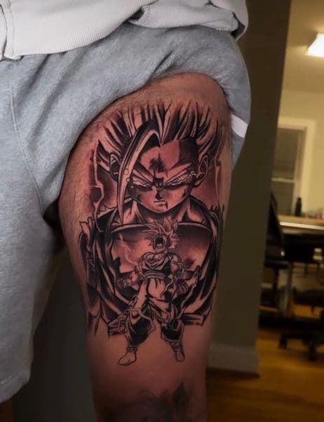 Black & Grey + Anime gohan tattoo on Thigh by oldtown_ink on TattMe