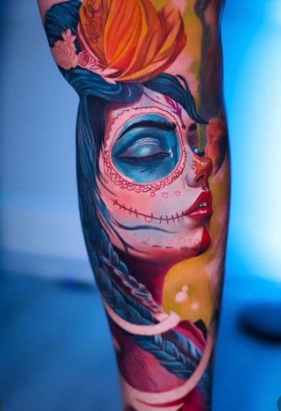 Realism + Color woman tattoo on Calf by oldtown_ink on TattMe