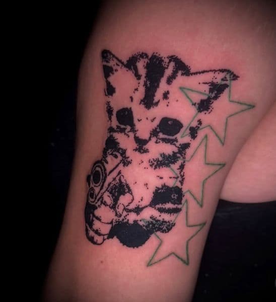 Black-work + Illustrative cat tattoo on Thigh by oldtown_ink on TattMe