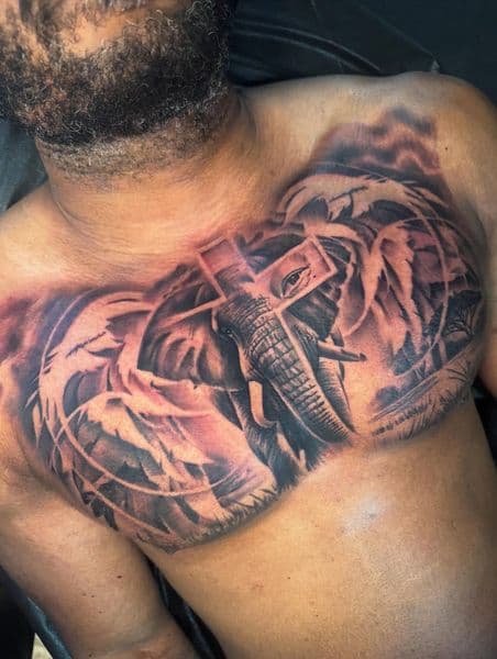 Black & Grey + Illustrative elephant tattoo on Chest by Hillcityink on TattMe