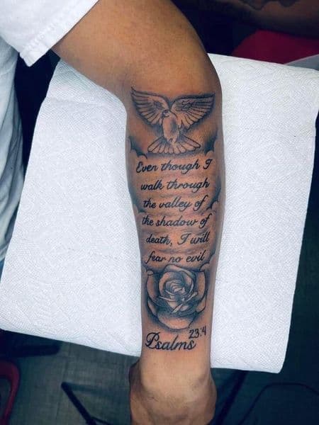 Black & Grey + Lettering dove tattoo on Forearm by Hillcityink on TattMe