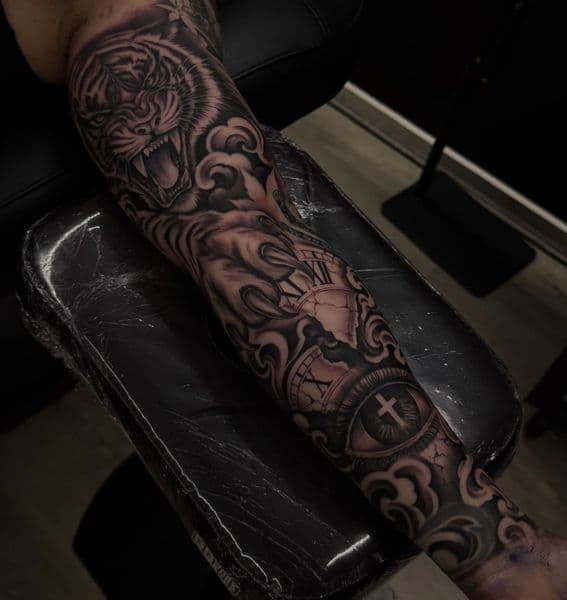 Black & Grey + Realism tiger tattoo on Full Sleeve by Hillcityink on TattMe