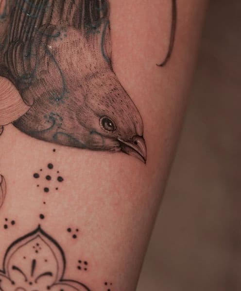 Black & Grey + Fine Line bird tattoo on Upper Arm by katetattoo on TattMe