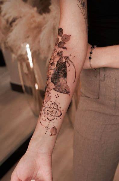 Fine Line + Black & Grey bird tattoo on Forearm by katetattoo on TattMe