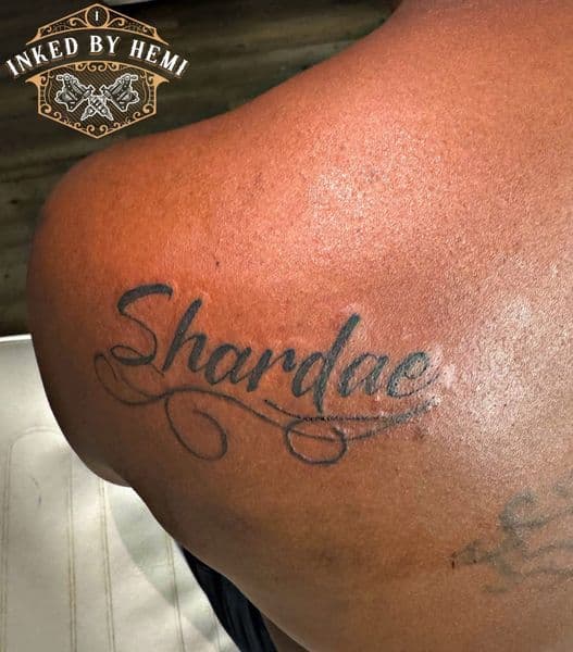 Lettering + Script name tattoo on Shoulder by Inked_by_Hemi on TattMe