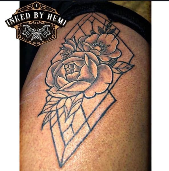 Black & Grey + Floral flowers tattoo on Thigh by Inked_by_Hemi on TattMe