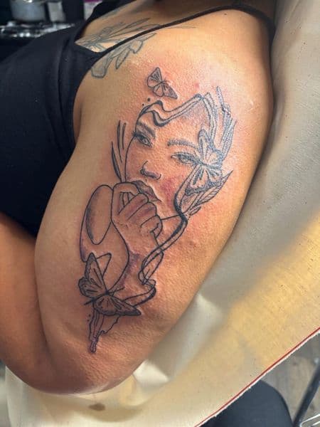 Line-work + Fine Line woman tattoo on Upper Arm by Inked_by_Hemi on TattMe