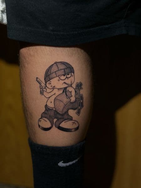 Cartoon + Black & Grey cartoon character tattoo on Calf by kriko on TattMe