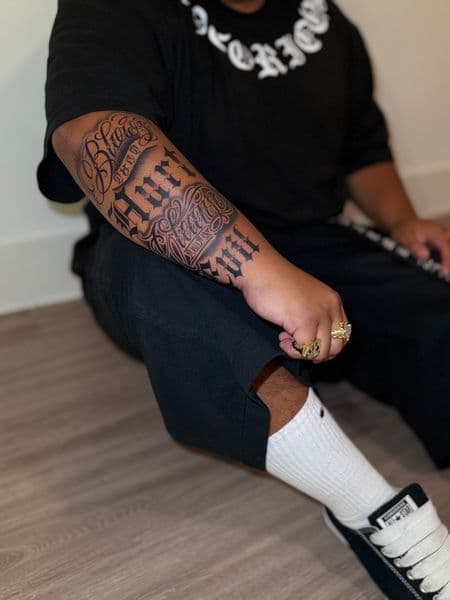 Lettering + Script lettering tattoo on Half Sleeve by kriko on TattMe