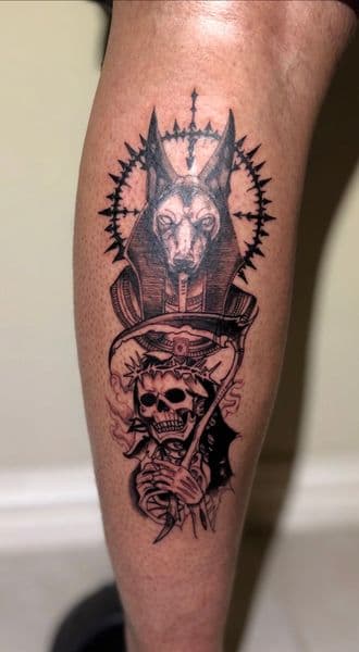 Black & Grey + Illustrative anubis tattoo on Calf by kriko on TattMe