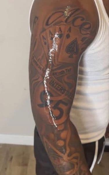 Black & Grey + Lettering playing cards tattoo on Full Sleeve by get_tattoo_by_jordan on TattMe
