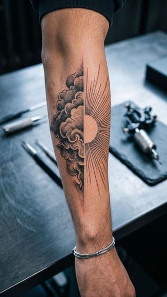 Black & Grey + Fine Line clouds tattoo on Forearm by hannah on TattMe
