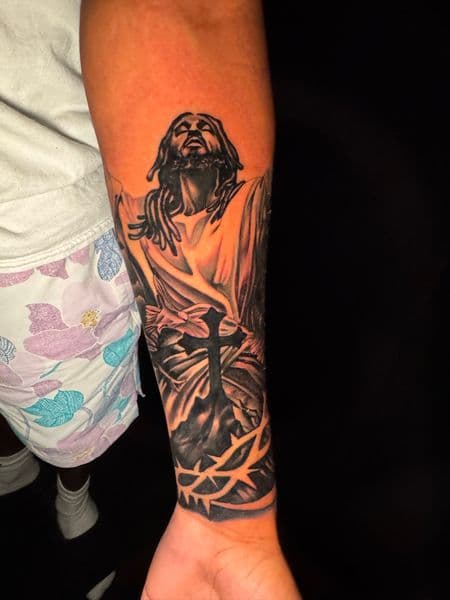 Black & Grey + Realism jesus tattoo on Forearm by Ashley_Panda on TattMe
