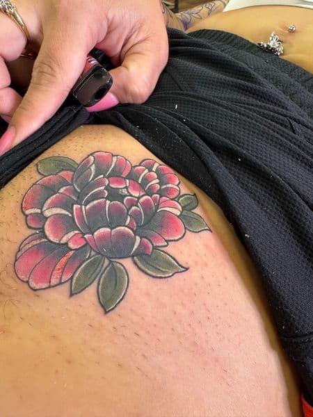 Traditional + Color flower tattoo on Hip by Ashley_Panda on TattMe