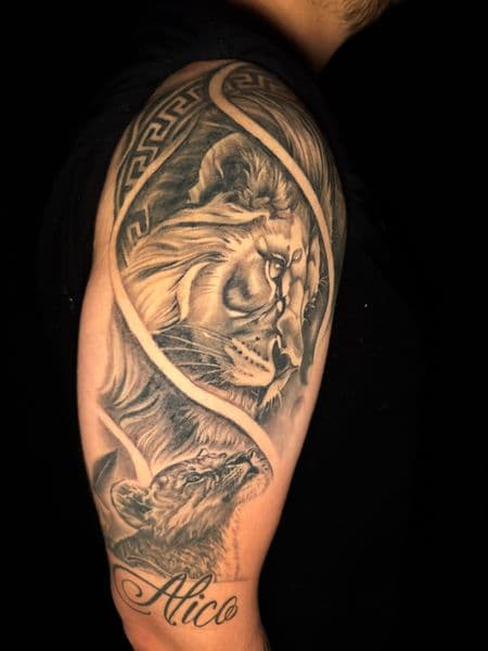 Black & Grey + Realism lion tattoo on Upper Arm by Ashley_Panda on TattMe