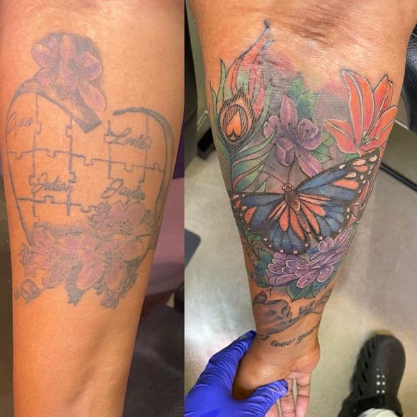 Color + Floral butterfly tattoo on Forearm by Ashley_Panda on TattMe