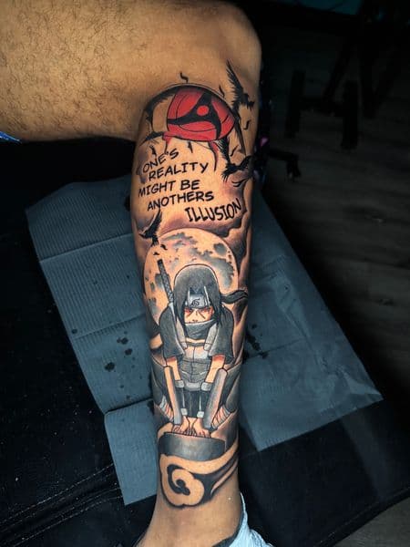 Anime + Color itachi tattoo on Calf by Ashley_Panda on TattMe