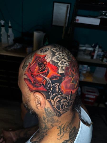 Realism + Color roses tattoo on Scalp by Ashley_Panda on TattMe