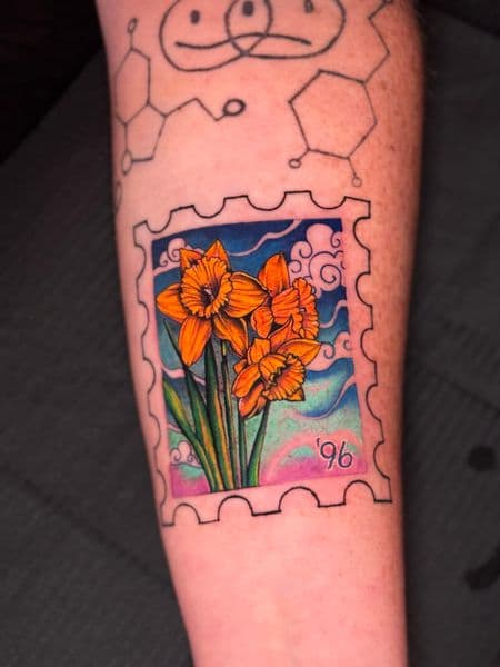 Color + Illustrative daffodils tattoo on Forearm by Ashley_Panda on TattMe