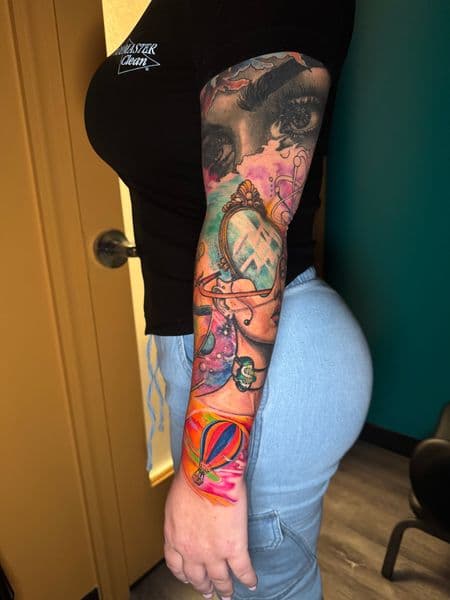 Illustrative + Color woman tattoo on Full Sleeve by Ashley_Panda on TattMe