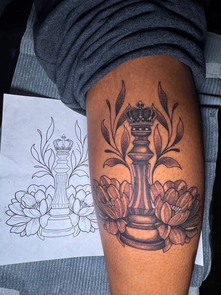 Black & Grey + Illustrative chess piece tattoo on Thigh by Ashley_Panda on TattMe