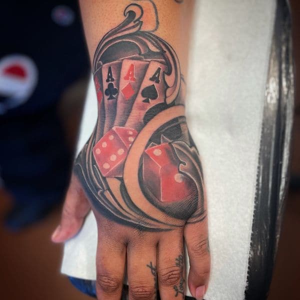 Black & Grey + Color playing cards tattoo on Hand by Ashley_Panda on TattMe