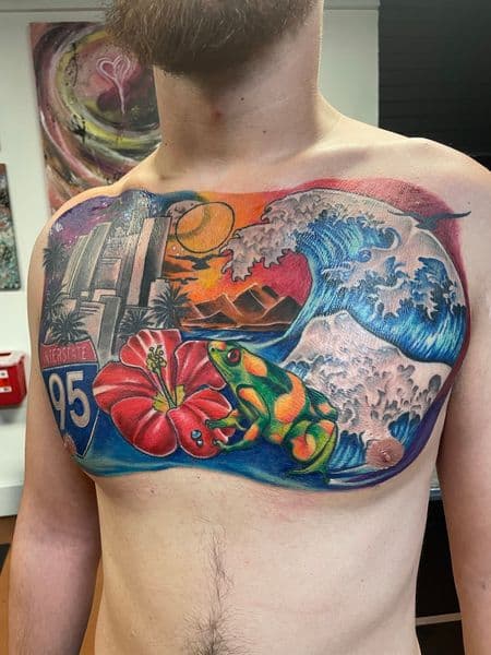 Color + Illustrative wave tattoo on Chest by Ashley_Panda on TattMe