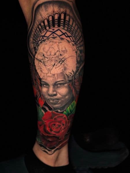 Realism + Portrait Realism portrait tattoo on Calf by Ashley_Panda on TattMe