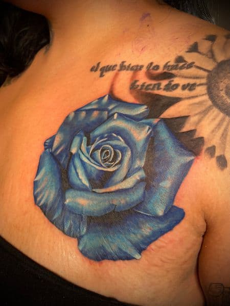 Color + Realism rose tattoo on Shoulder Blade by Ashley_Panda on TattMe