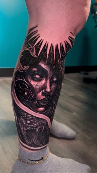 Realism + Black & Grey medusa tattoo on Calf by Ashley_Panda on TattMe