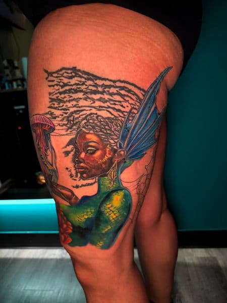 Color + Realism mermaid tattoo on Thigh by Ashley_Panda on TattMe