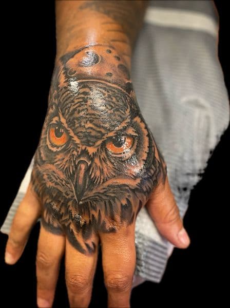 Realism + Black & Grey owl tattoo on Hand by Ashley_Panda on TattMe