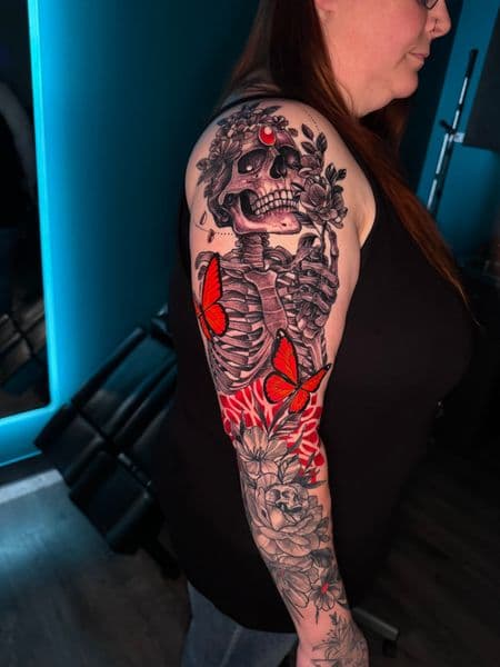 Black & Grey + Illustrative skull tattoo on Full Sleeve by Ashley_Panda on TattMe