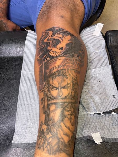 Black & Grey + Illustrative skull tattoo on Shin by Ashley_Panda on TattMe