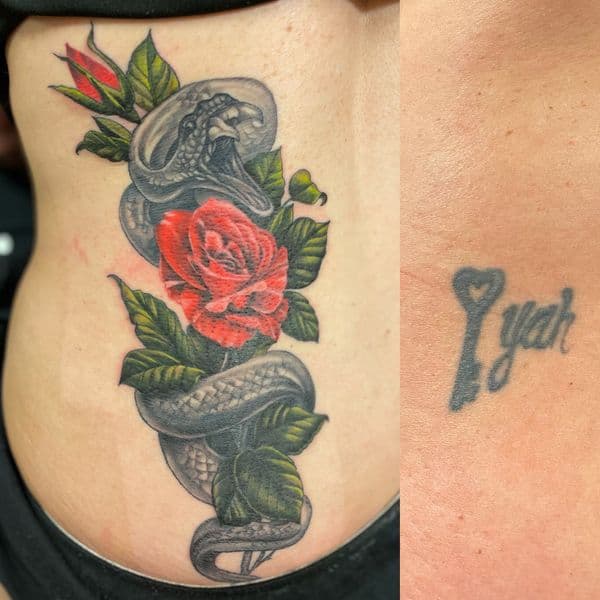 Color + Neo-Traditional snake tattoo on Ribs by Ashley_Panda on TattMe