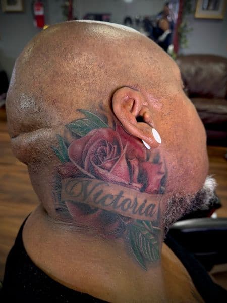 Color + Illustrative rose tattoo on Neck (Side) by Ashley_Panda on TattMe