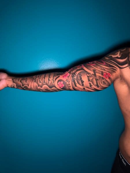 Lettering + Script lettering tattoo on Full Sleeve by Ashley_Panda on TattMe