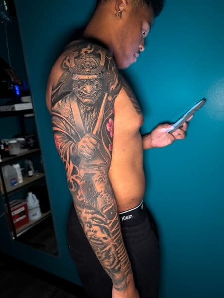 Japanese + Black & Grey samurai tattoo on Full Sleeve by Ashley_Panda on TattMe