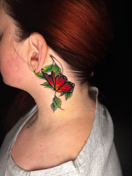 Color + Illustrative butterfly tattoo on Neck (Side) by Ashley_Panda on TattMe