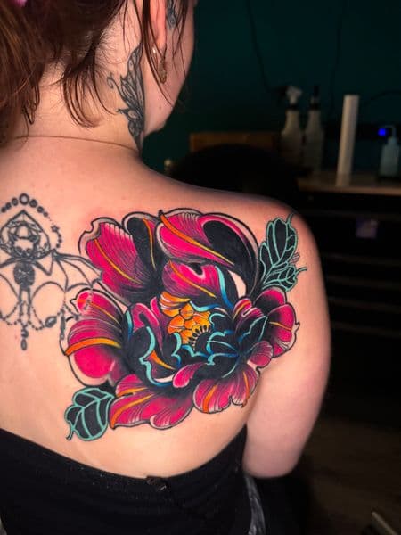Neo-Traditional + Color flower tattoo on Shoulder Blade by Ashley_Panda on TattMe