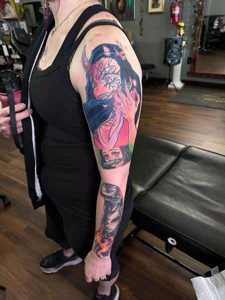 Anime + Color nezuko tattoo on Full Sleeve by Ashley_Panda on TattMe