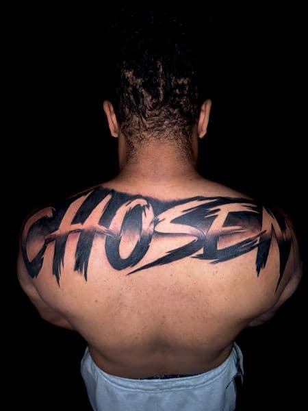 Lettering + Black-work chosen tattoo on Upper Back by Ashley_Panda on TattMe