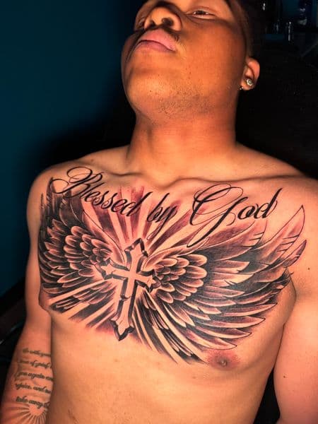 Black & Grey + Illustrative cross tattoo on Chest by Ashley_Panda on TattMe