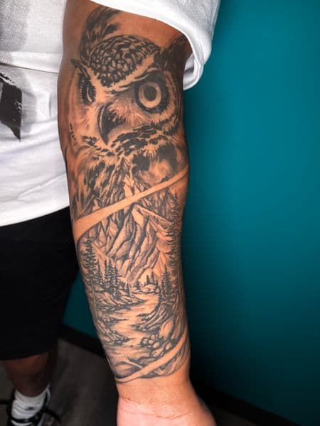 Black & Grey + Realism owl tattoo on Half Sleeve by Ashley_Panda on TattMe