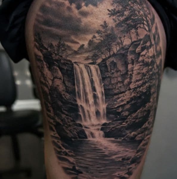 Black & Grey + Realism waterfall tattoo on Thigh by TattMe on TattMe