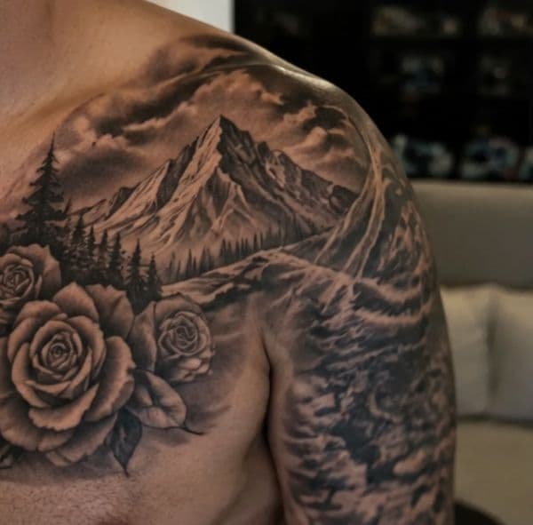 Realism + Black & Grey mountains tattoo on Shoulder by TattMe on TattMe