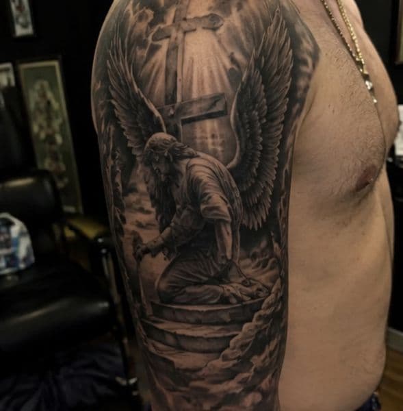 Black & Grey + Realism angel tattoo on Half Sleeve by TattMe on TattMe