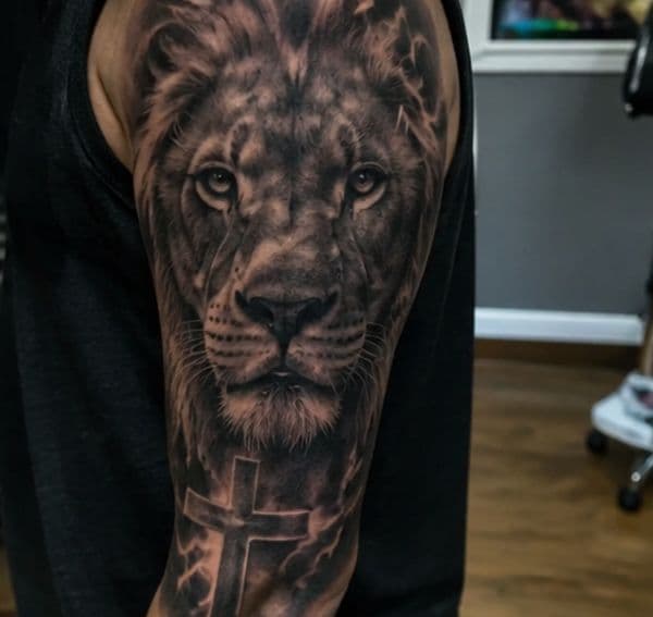 Black & Grey + Realism lion tattoo on Upper Arm by TattMe on TattMe