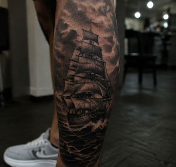 Realism + Black & Grey ship tattoo on Calf by TattMe on TattMe